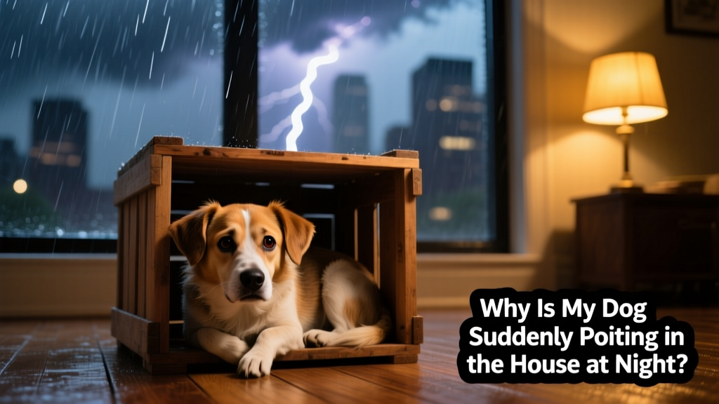 A dog curled up on a crate during a thunderstorm, windows showing rain and dim lighting