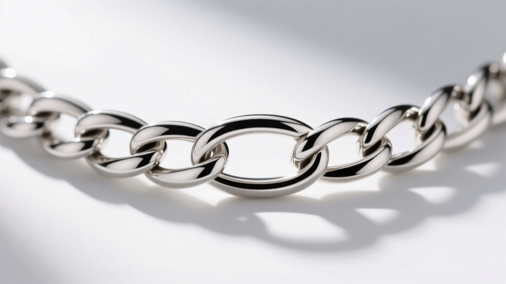 Macro view of a sterling silver foxtail chain, revealing the interlocking slanted oval links and the central flat connecting rings