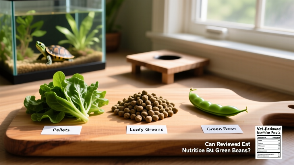 Side-by-side comparison showing appropriate portion sizes of turtle pellets, leafy greens, and a single green bean for an adult red-eared slider
