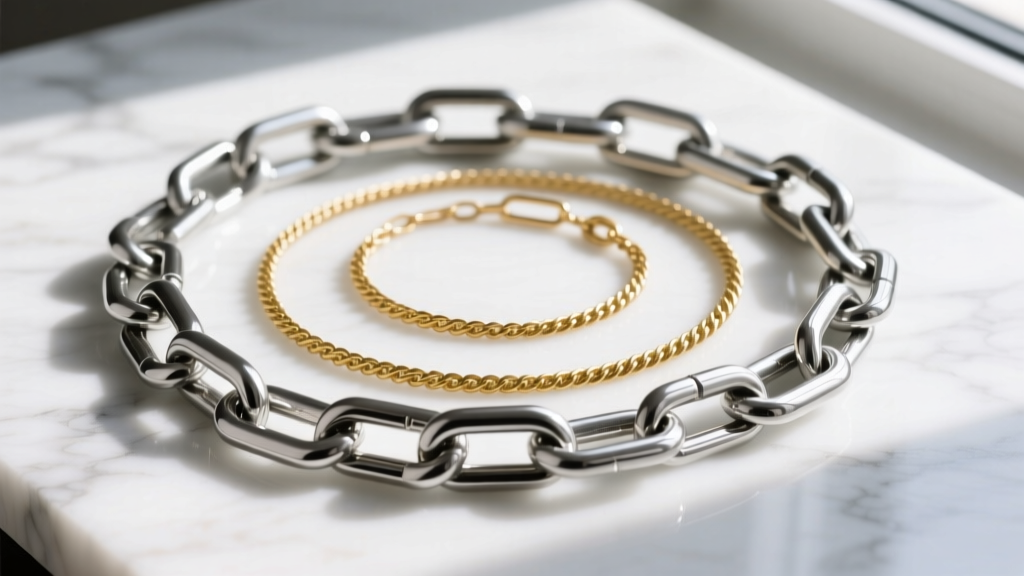 Flat lay of a chunky silver paperclip chain layered with a delicate 14k gold rope chain, resting on a white marble surface