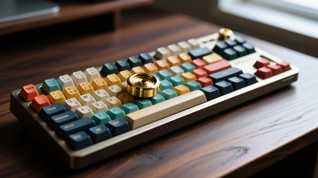 Close-up of a custom Tokyo60 mechanical keyboard with PBT JIS-layout keycaps and a brass weight resting on a dark wooden desk