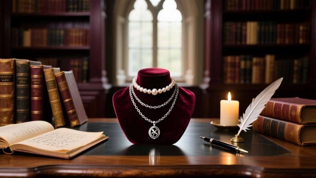 Vintage poison necklace layered with a pearl choker and silver chain on a dark academia desk with old books and a lit candle