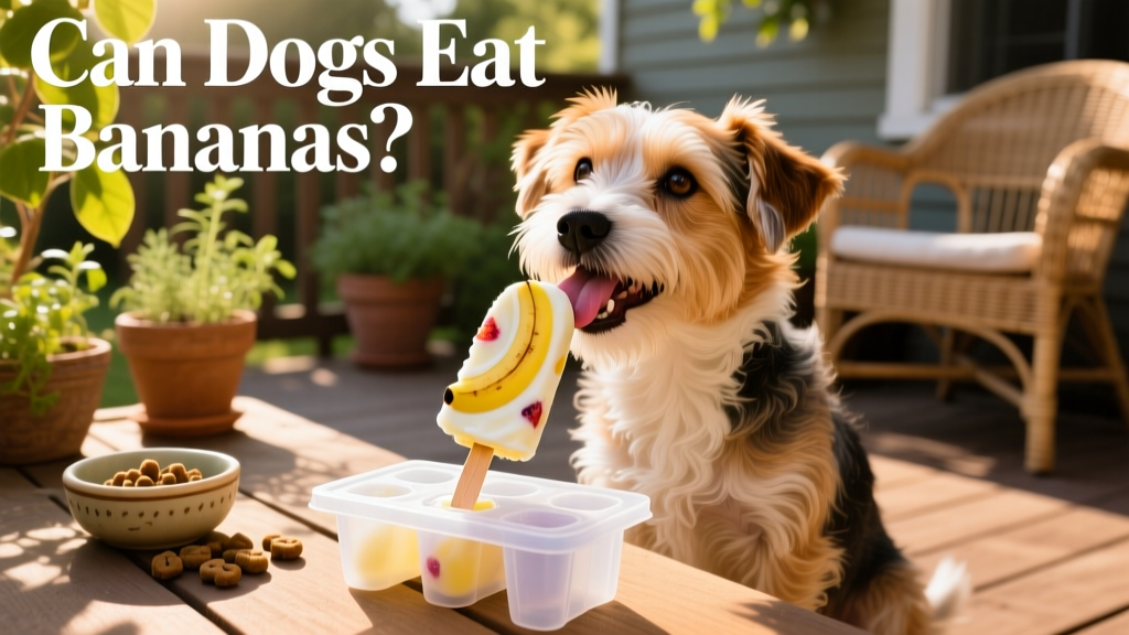 A happy terrier mix licking banana-yogurt frozen popsicles from silicone molds on a sunny patio