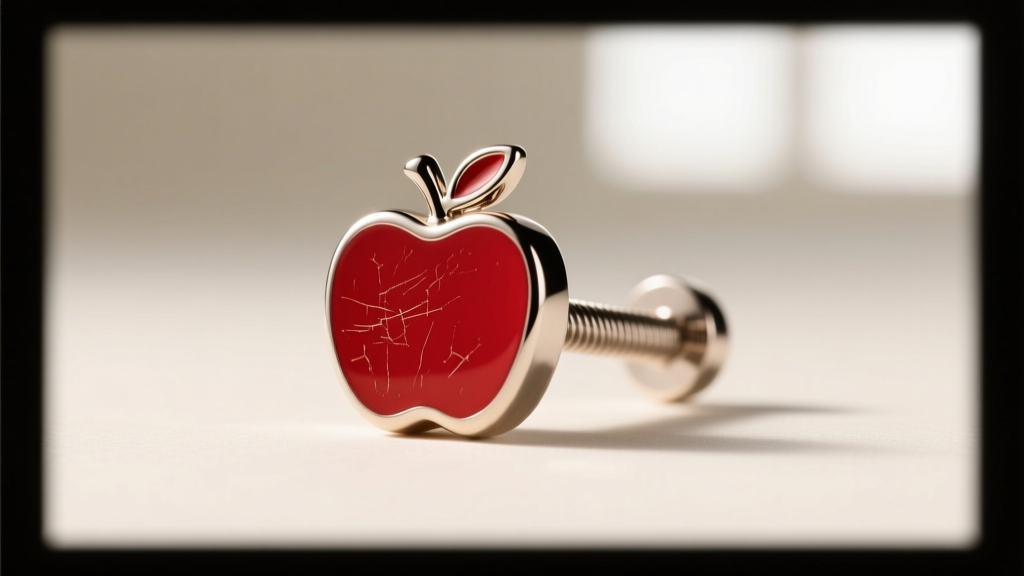 Macro shot of 20-gauge titanium post with red enamel apple charm, displaying precise threading and a matte hypoallergenic finish.
