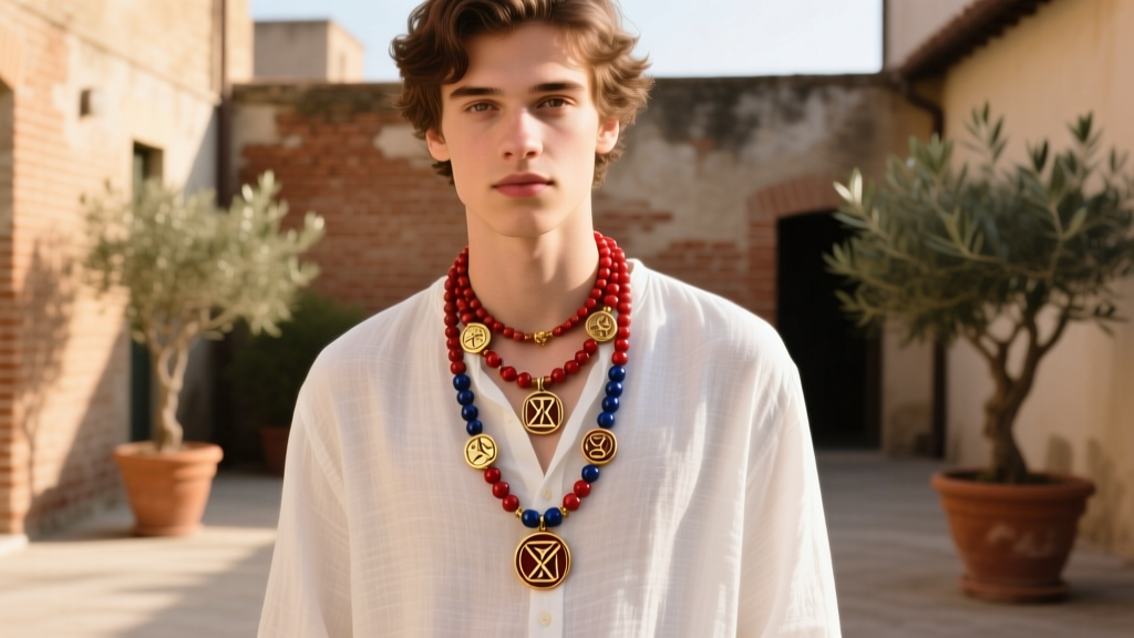 Young adult wearing a layered Camp Half-Blood bead necklace over a plain white linen button-down shirt for casual everyday styling.