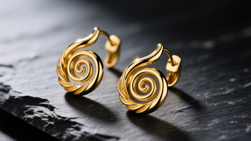 Close-up of 14k yellow gold spiral drop earrings resting on dark slate, soft directional light highlighting the metal coils.