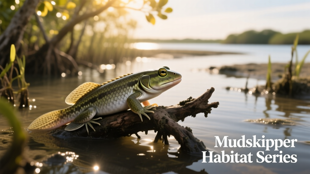 Mudskipper perched on a mangrove root in a brackish shoreline habitat