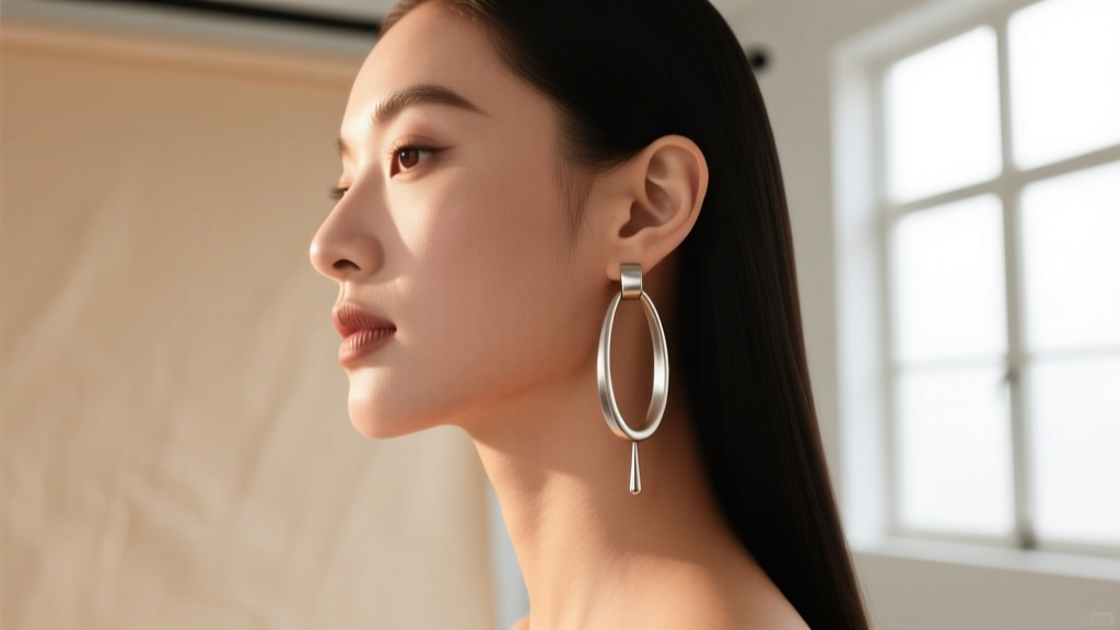Side profile of a woman wearing lightweight titanium oblong hoops, showing the drop against a warm minimalist studio backdrop