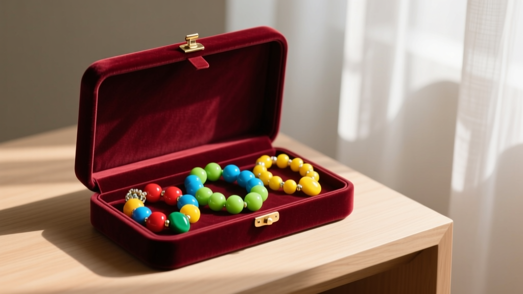 Velvet-lined jewelry box holding colorful plastic charm necklaces, kept safely away from direct sunlight in a softly lit room