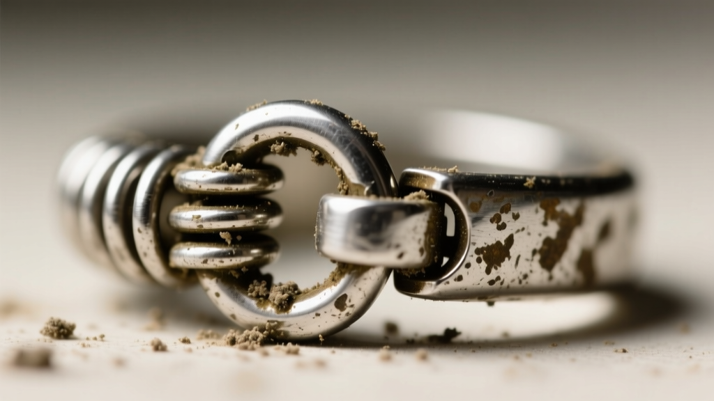 Extreme close-up of a tarnished silver spring ring clasp with visible grime trapped inside the tiny mechanical coil and trigger.