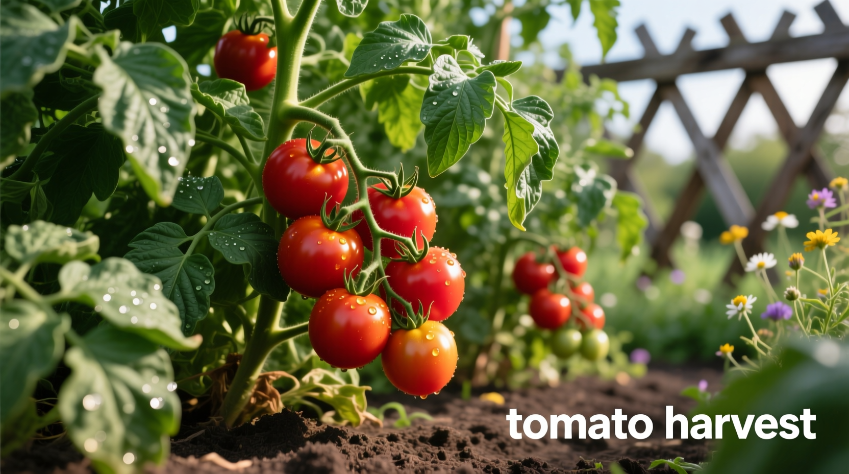 Healthy tomato plants with ripe fruit in garden