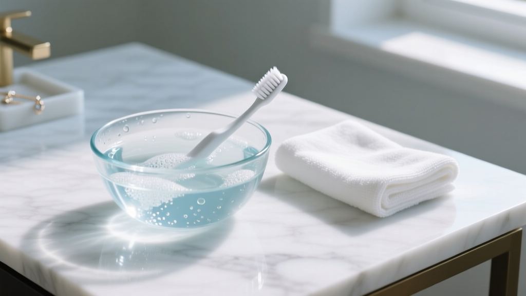 Glass bowl of soapy water, soft toothbrush, and microfiber cloth arranged neatly on a white marble jewelry cleaning station desk.