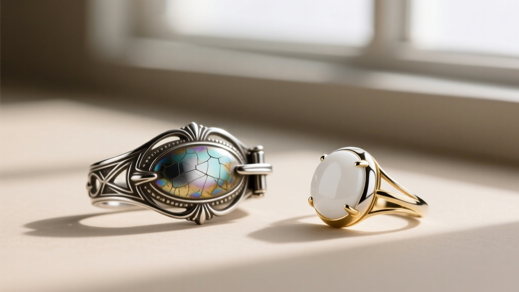 Macro photography of a 1920s platinum jewelry clasp showing iridium wear patterns next to a modern white gold replica component.