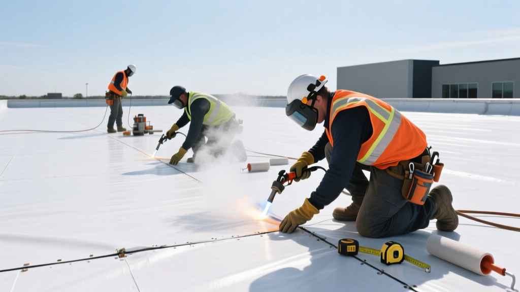 Commercial roofing crew hot-air welding a white 60-mil TPO material roof membrane on a flat commercial building rooftop under clear skies