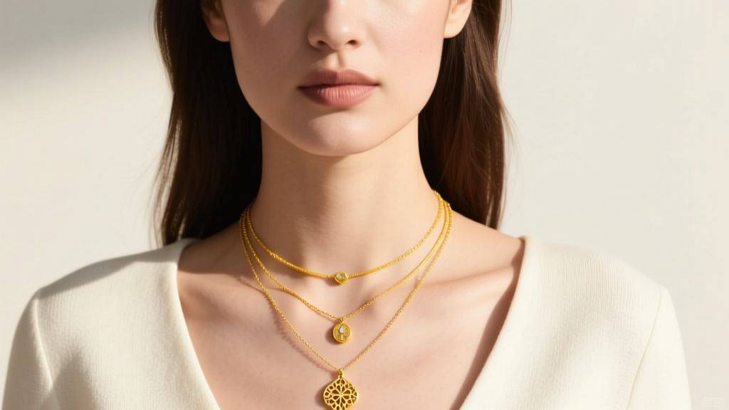 Profile portrait of a woman wearing a layered trio of delicate yellow gold necklaces resting precisely at the collarbone