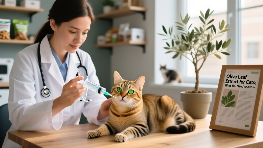 A veterinarian gently administering a liquid supplement to a calm cat using a calibrated oral syringe