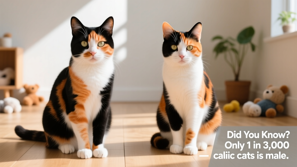 Side-by-side comparison of a typical female calico cat and a rare male calico, highlighting their similar coat patterns despite different sexes
