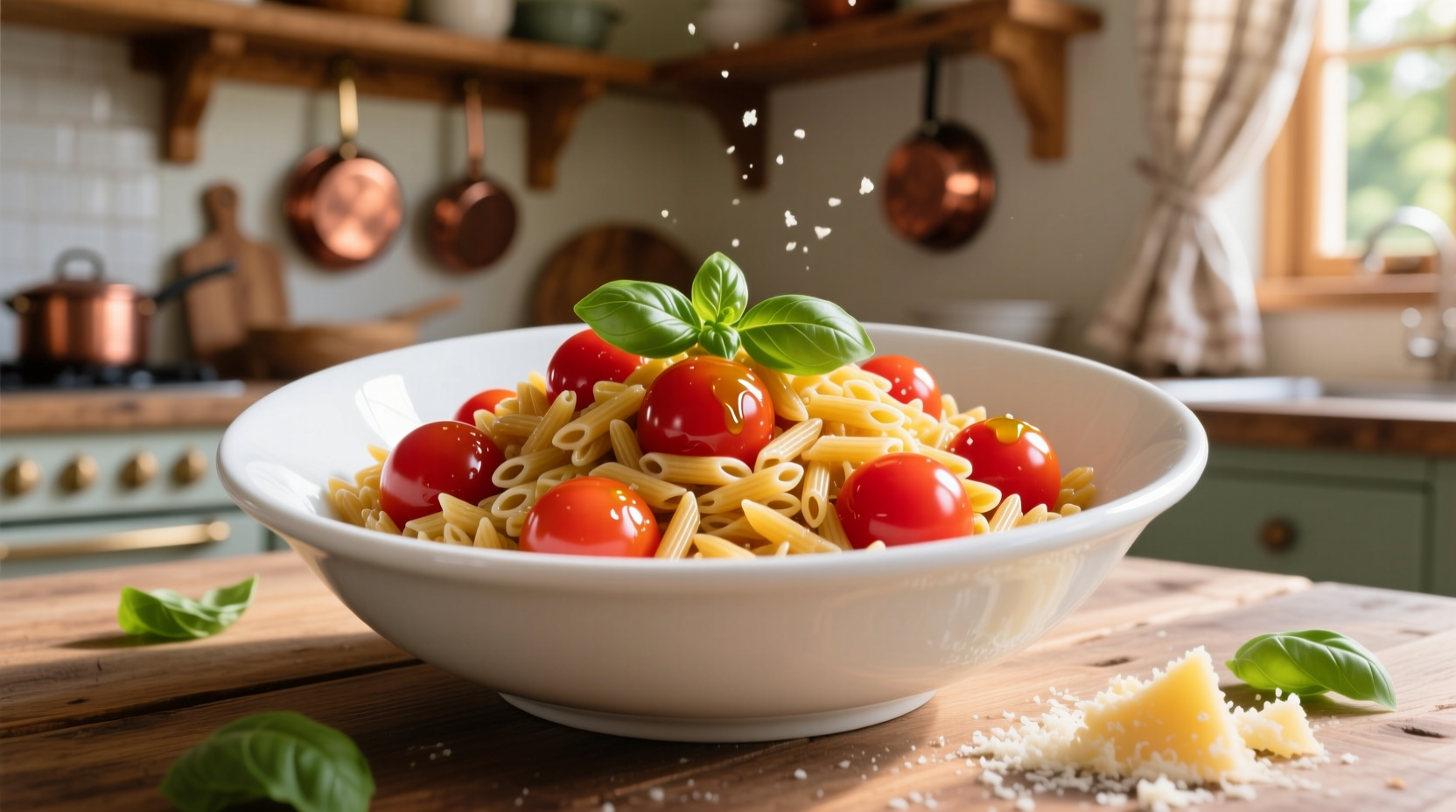 Vibrant tomato orzo pasta in white ceramic bowl