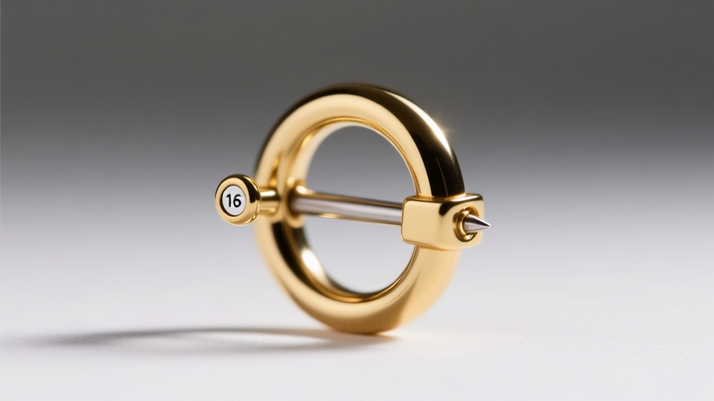 Close-up of a helix piercing wearing an 8mm inner diameter 16-gauge gold clicker hoop, showing the flush hinged clasp mechanism.
