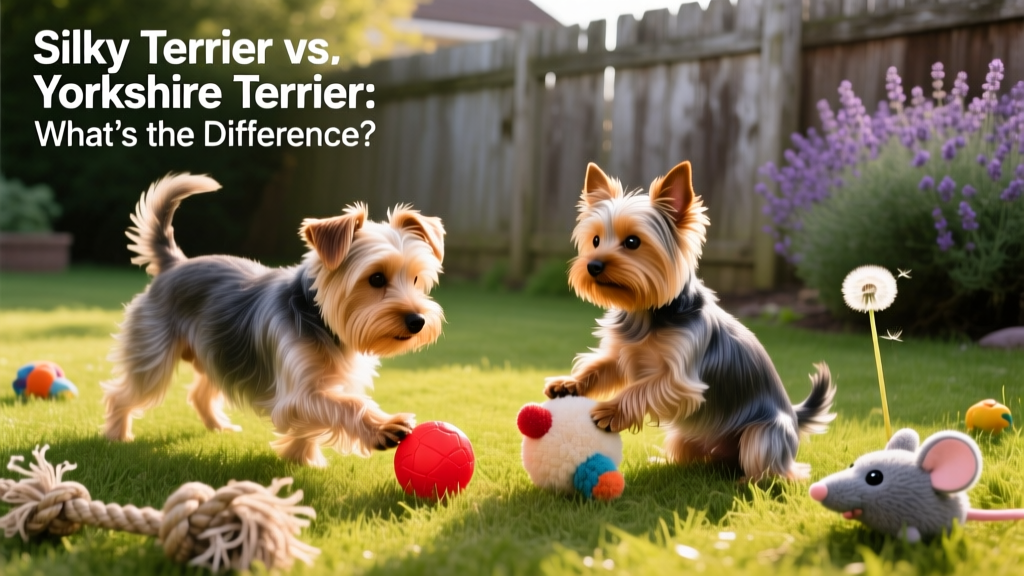 A Silky Terrier and a Yorkshire Terrier playing side-by-side in a sunlit backyard with toys nearby