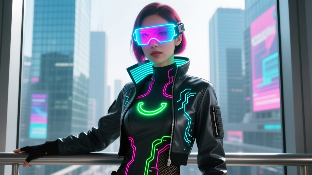 Cosplayer wearing Cyberpunk anime LED matrix visor displaying glowing neon smile with wiring hidden beneath tactical jacket
