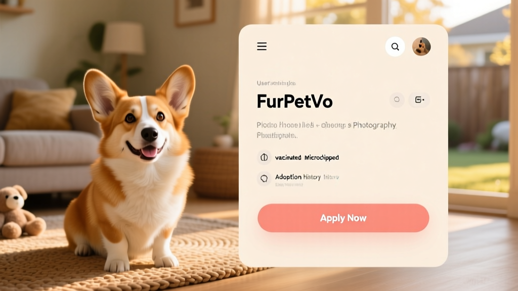 Screenshot-style graphic showing a clean, user-friendly FurPetVo listing page for a Corgi, with photo, bio, and 'Apply Now' button