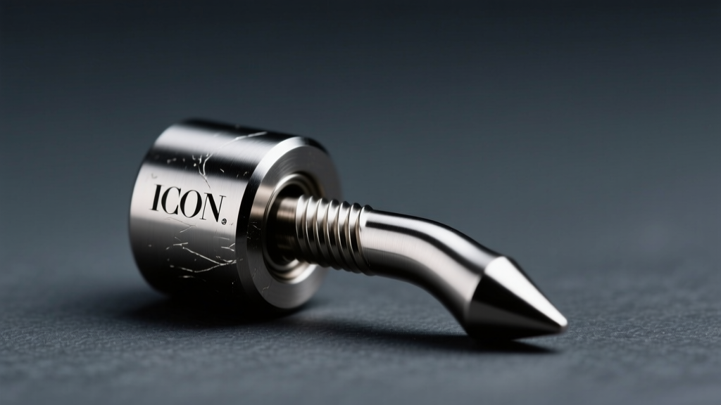 Macro shot of a titanium threadless labret post from Icon Body Jewelry, highlighting the bent pin against a dark slate background