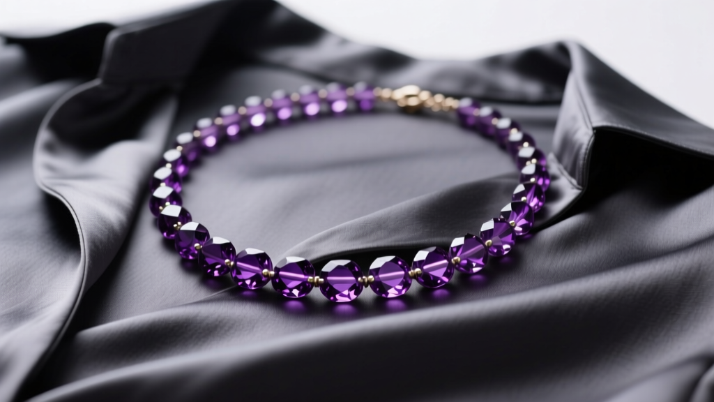 Close-up of a purple beaded necklace with 6mm amethyst and sugilite stones on a charcoal silk blouse under soft studio lighting.