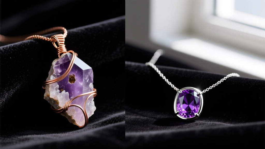 Side-by-side view of a handmade wire-wrapped raw amethyst pendant and a polished retail bezel amethyst necklace on dark velvet.