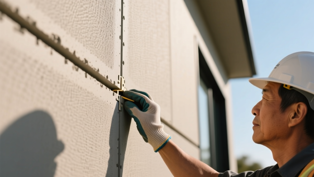 Close-up of a contractor inspecting the interlocking joint of a thick 16mm Nichiha Illuminate fiber cement panel on a modern exterior wall