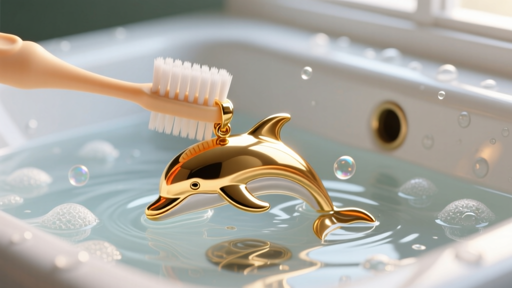 A soft-bristled baby toothbrush gently scrubbing the detailed tail crevices of a gold dolphin pendant submerged in soapy water.