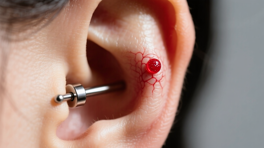 Macro photography of an earlobe showing a small, red hypertrophic piercing bump next to a titanium flat-back labret earring post.