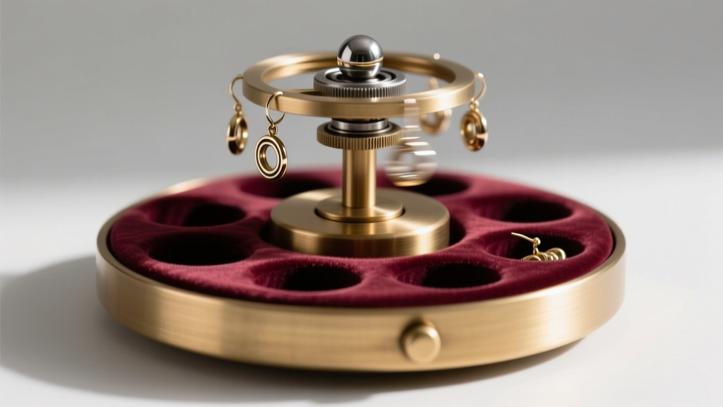 Weighted brass base of a premium rotating earring organizer showing the hidden steel ball-bearing mechanism and velvet-lined holes