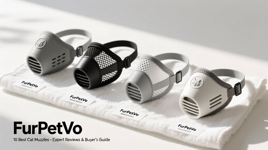 Side-by-side comparison of four FurPetVo muzzles laid out on a clean white towel, labeled by type and key features