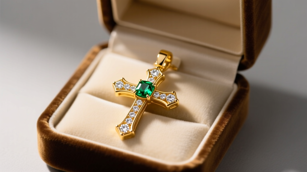 Open velvet box revealing a 14k yellow gold cross pendant with a central emerald and diamond accents under warm studio lighting.