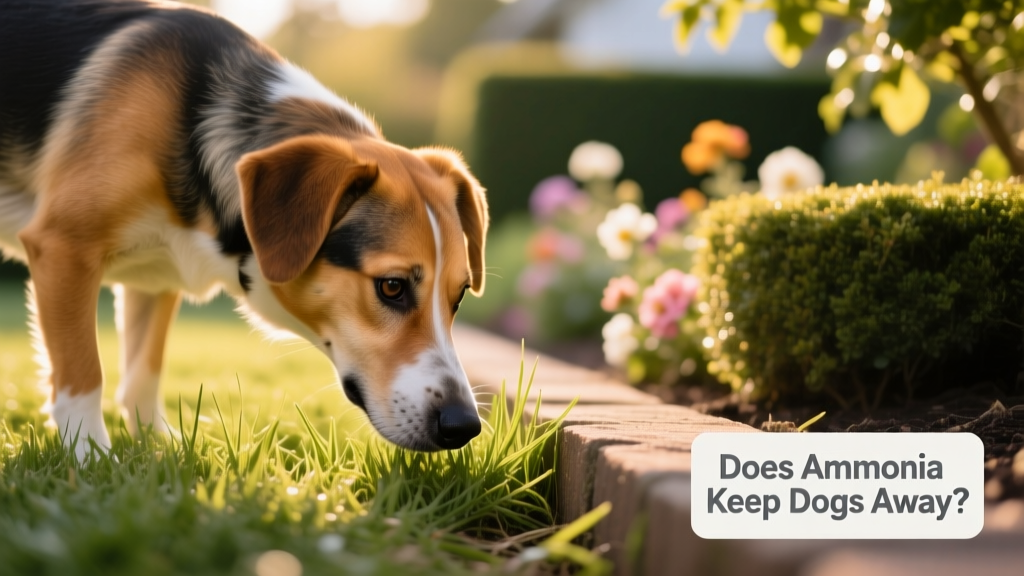 Close-up of a dog sniffing cautiously at a patch of grass near a garden border
