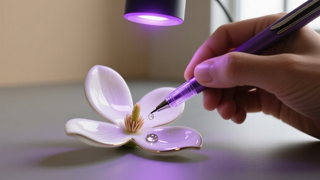 Jeweler using a UV resin pen to fill a chip on a white enamel dogwood petal, illuminated by a small purple LED curing lamp.