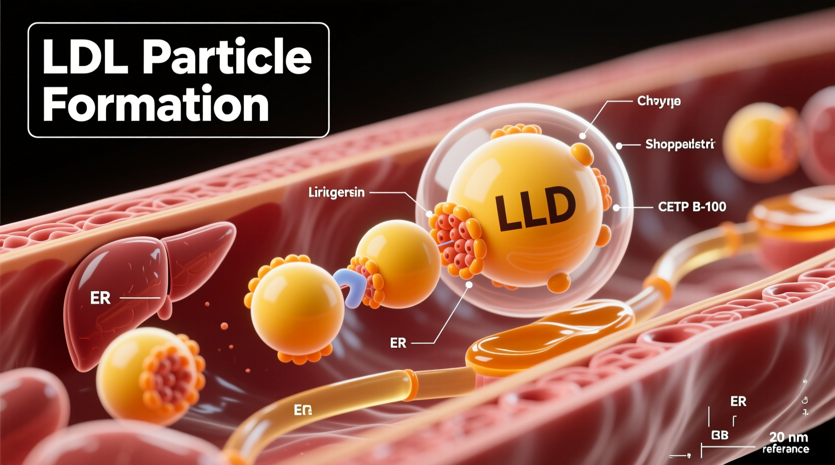 Cholesterol metabolism process showing LDL particle formation