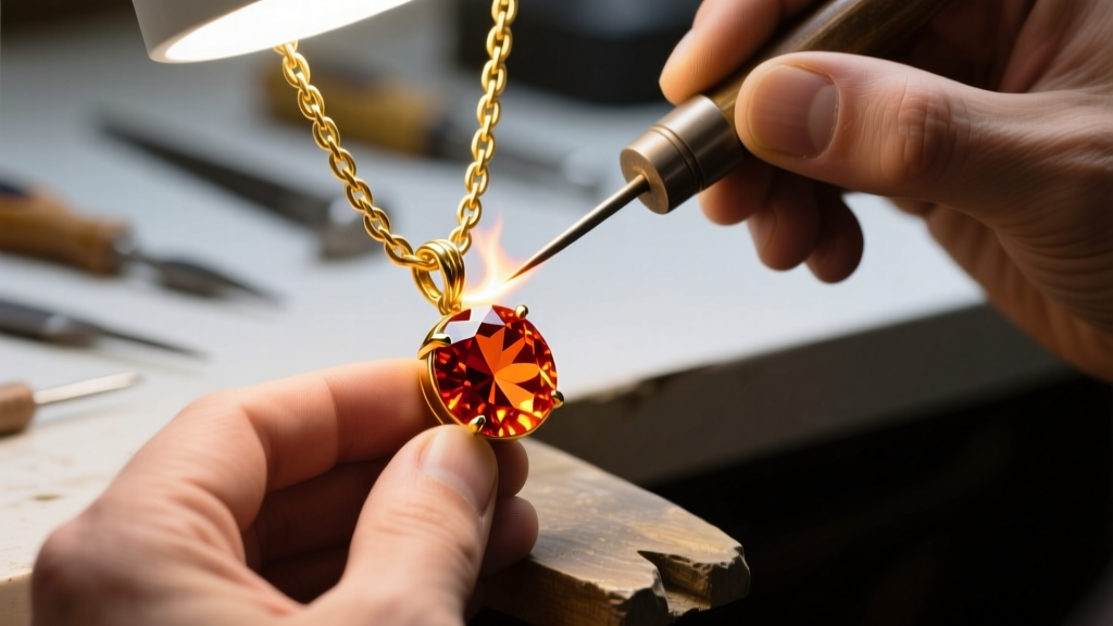 Jeweler soldering a 14k yellow gold wheat chain jump ring for a spessartite garnet fireball pendant under a bright bench light