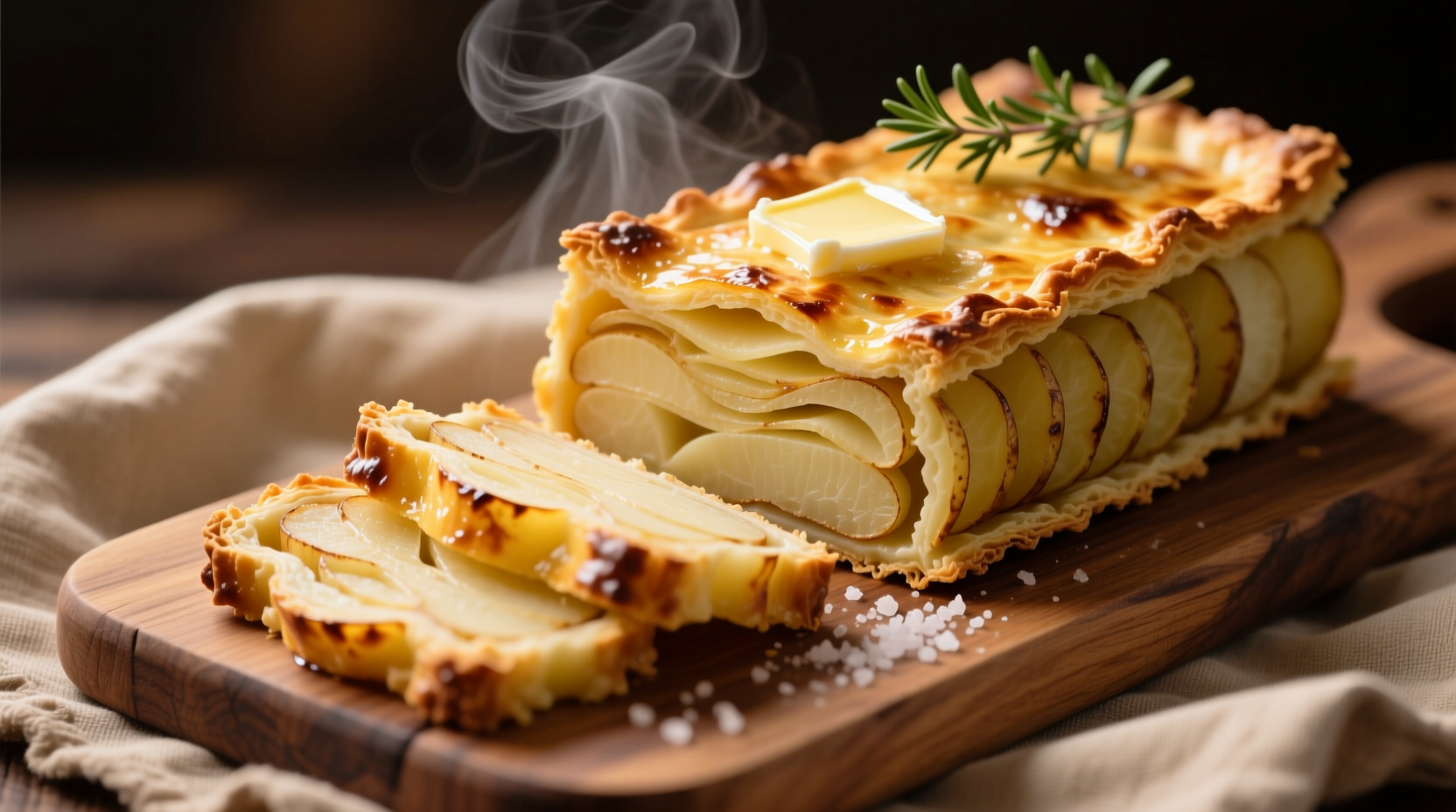 Perfectly sliced French potato terrine with golden crust