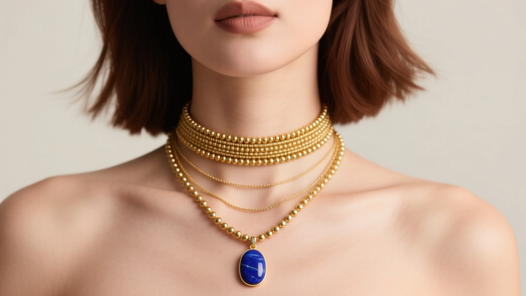 Woman wearing a layered necklace stack featuring a gold vermeil Chan Luu beaded choker and a longer lapis lazuli stone pendant.