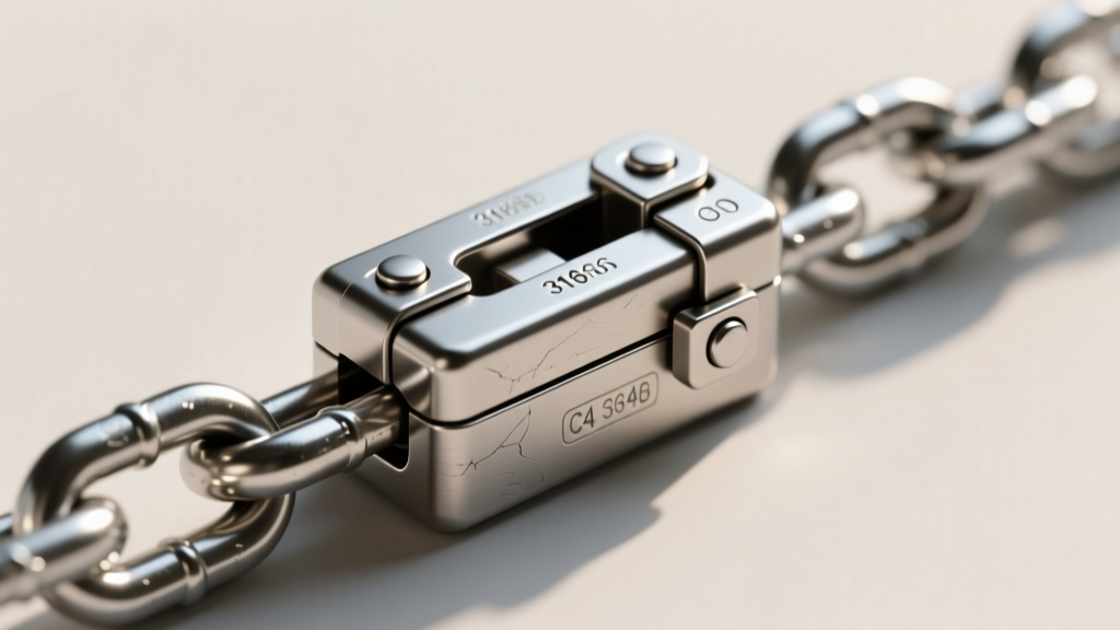 Macro shot of a stainless steel box clasp with a dual safety latch, securely attached to a thick 316L marine grade chain link.
