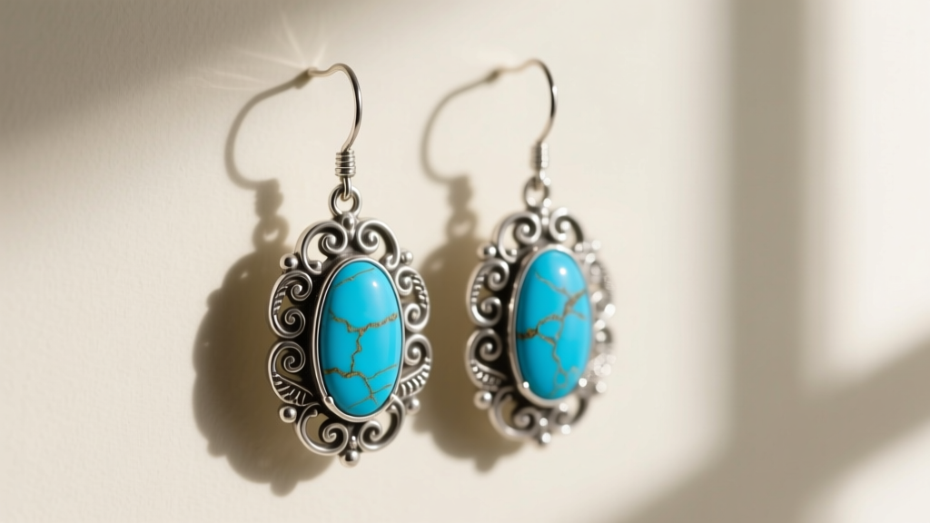 Close-up of Carolyn Pollack sterling silver drop earrings with natural Sleeping Beauty turquoise inlay and intricate scrollwork