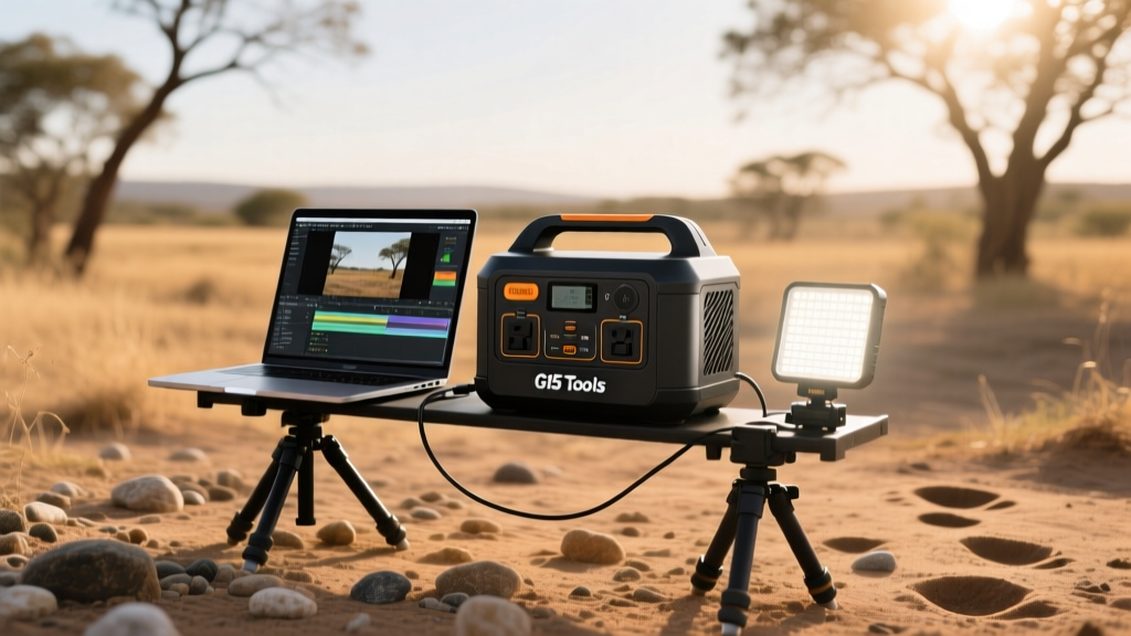 G15 Tools 500Wh intermediate portable power station powering a laptop and LED light panel during outdoor fieldwork