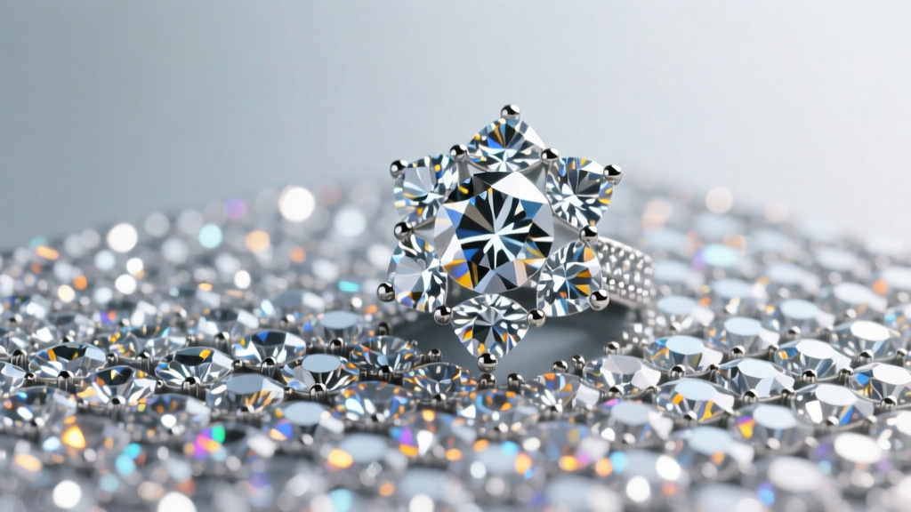 Macro photo of a cluster diamond setting showing multiple stones paved together to create a large continuous sparkling surface.