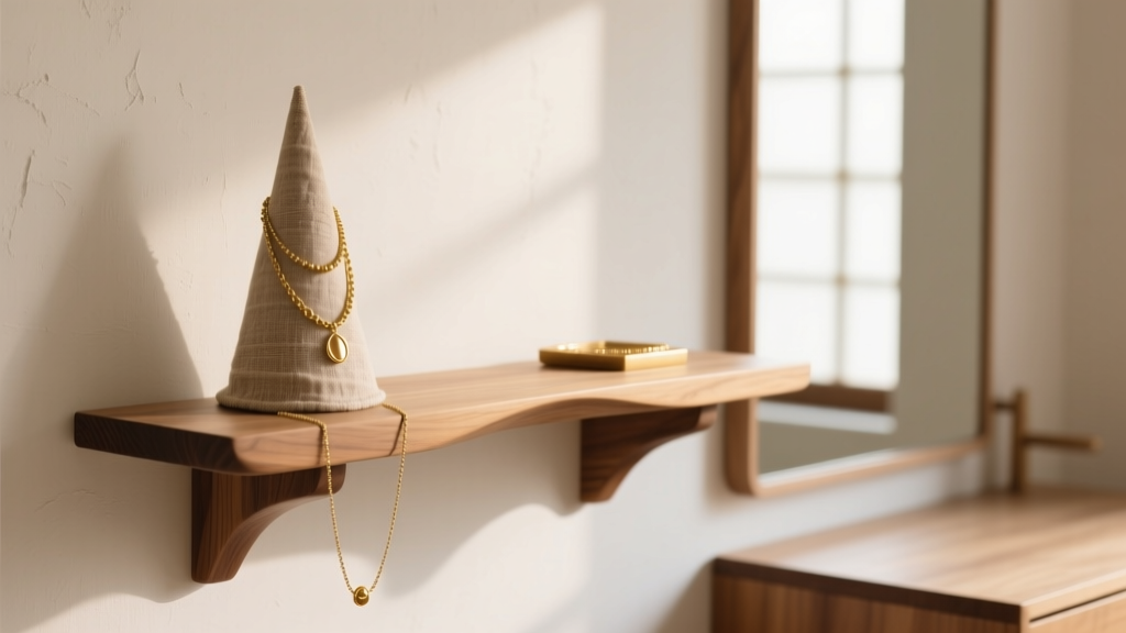 Japandi vanity with a DIY floating oak shelf showing gold necklaces draped over raw linen cones against a smooth plaster wall.