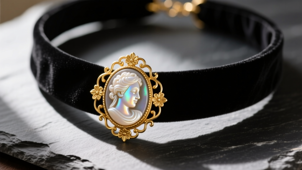 Close-up of a Victorian-style black velvet choker necklace featuring an oval shell cameo and 14k gold clasp, resting on dark slate.