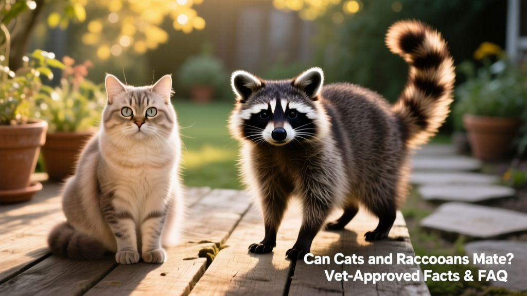 Side-by-side comparison of a domestic cat and a wild raccoon, highlighting key physical differences