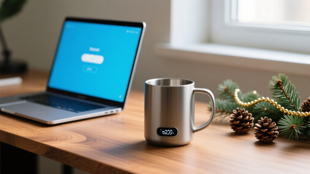 Close-up of a smart temperature-control mug on a wooden desk next to a glowing laptop and subtle festive pine decor.