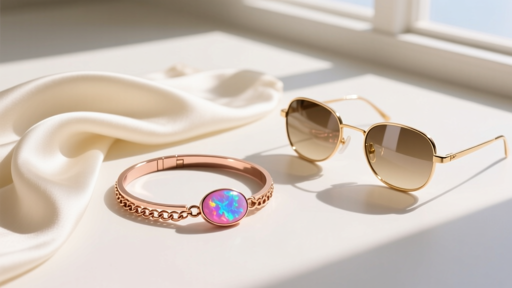 Flat lay of rose gold bracelet with pink Peruvian opal beside a cream silk scarf and gold sunglasses in bright natural daylight
